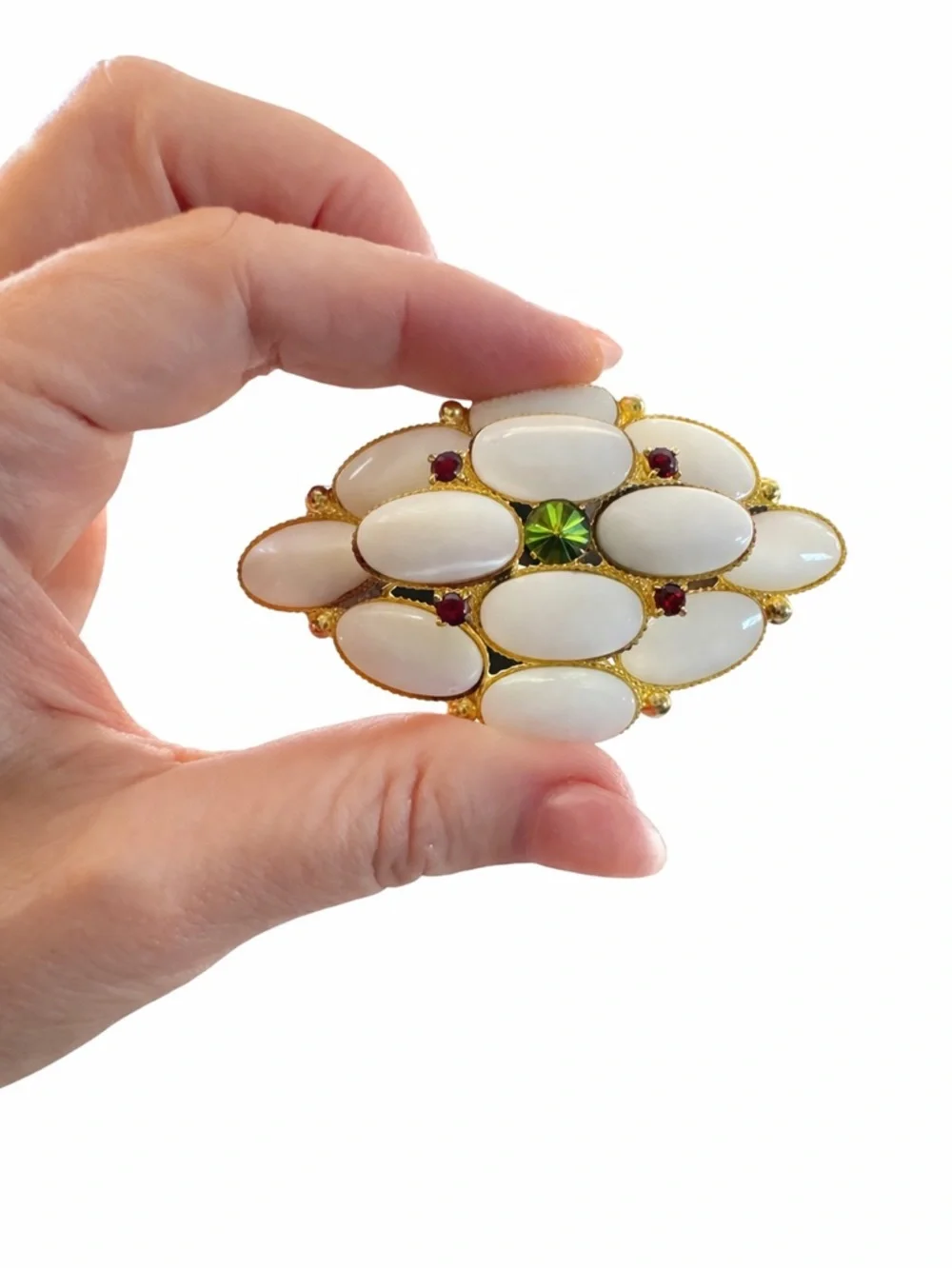 Vintage White Cabochon Statement Brooch Gold Tone Green Center Large 2.5